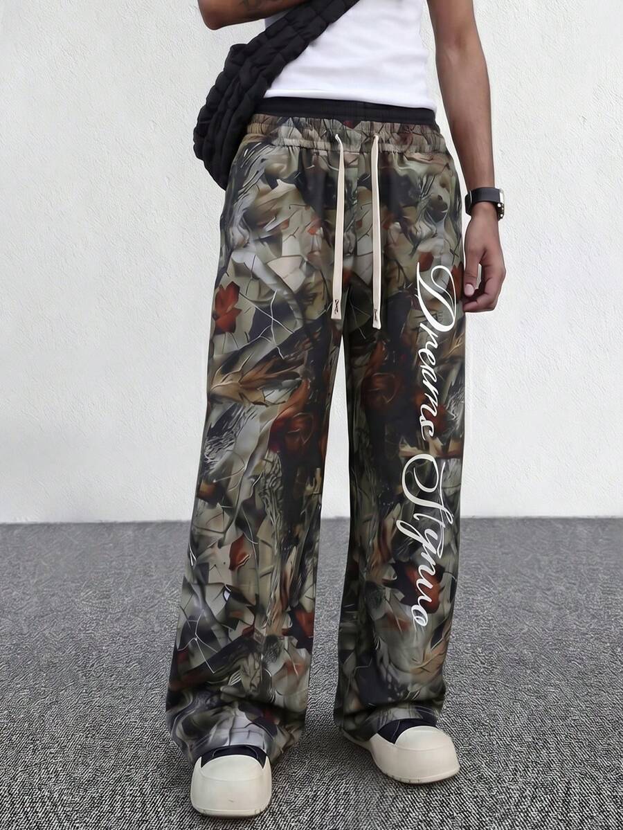 STYNVO Calça Masculina com Estampa de Letra, Cintura com Cordão e Bolso, Perna Larga