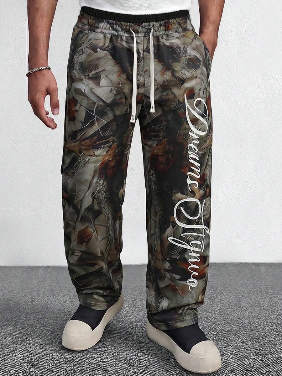 STYNVO Calça Masculina com Estampa de Letra, Cintura com Cordão e Bolso, Perna Larga