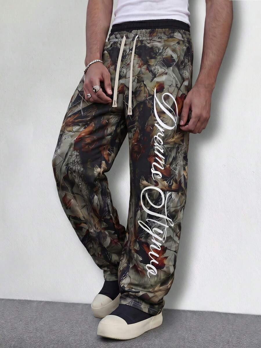 STYNVO Calça Masculina com Estampa de Letra, Cintura com Cordão e Bolso, Perna Larga