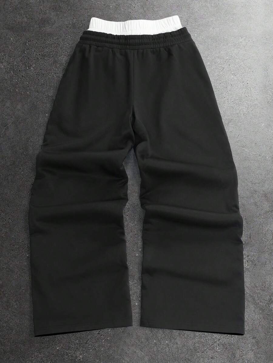 STYNVO Calça Masculina com Estampa de Letra, Cintura com Cordão e Bolso, Perna Larga