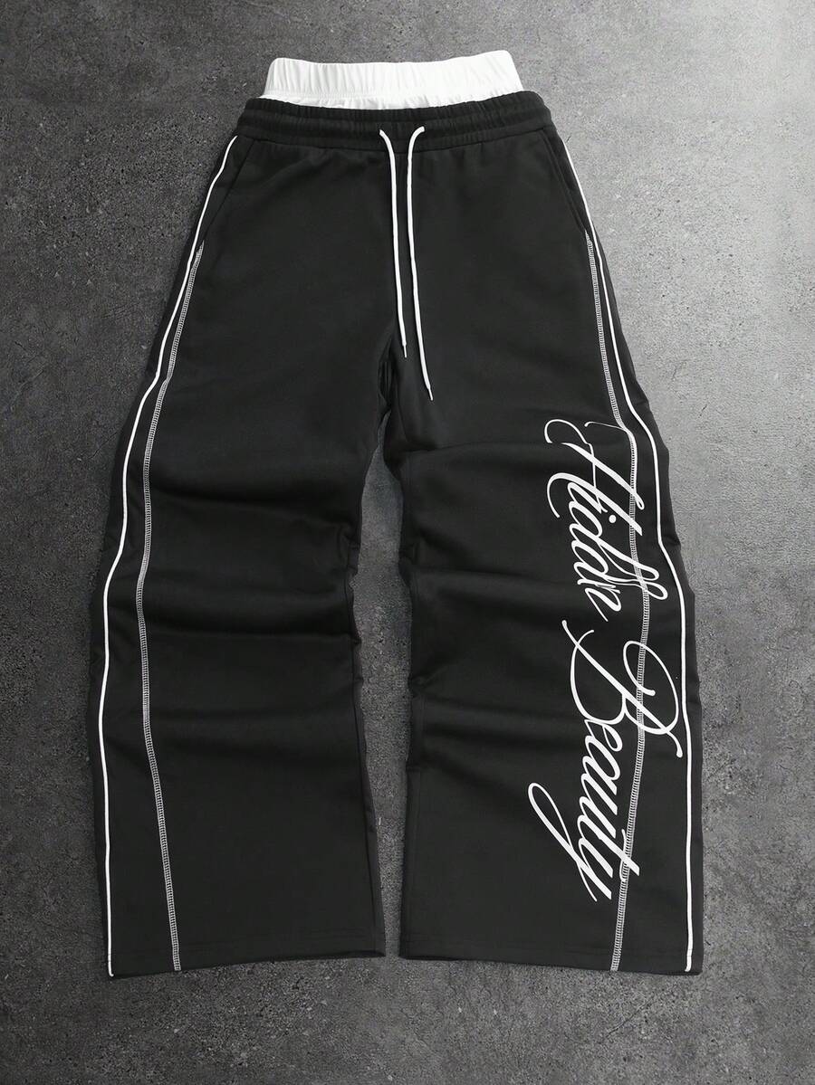STYNVO Calça Masculina com Estampa de Letra, Cintura com Cordão e Bolso, Perna Larga