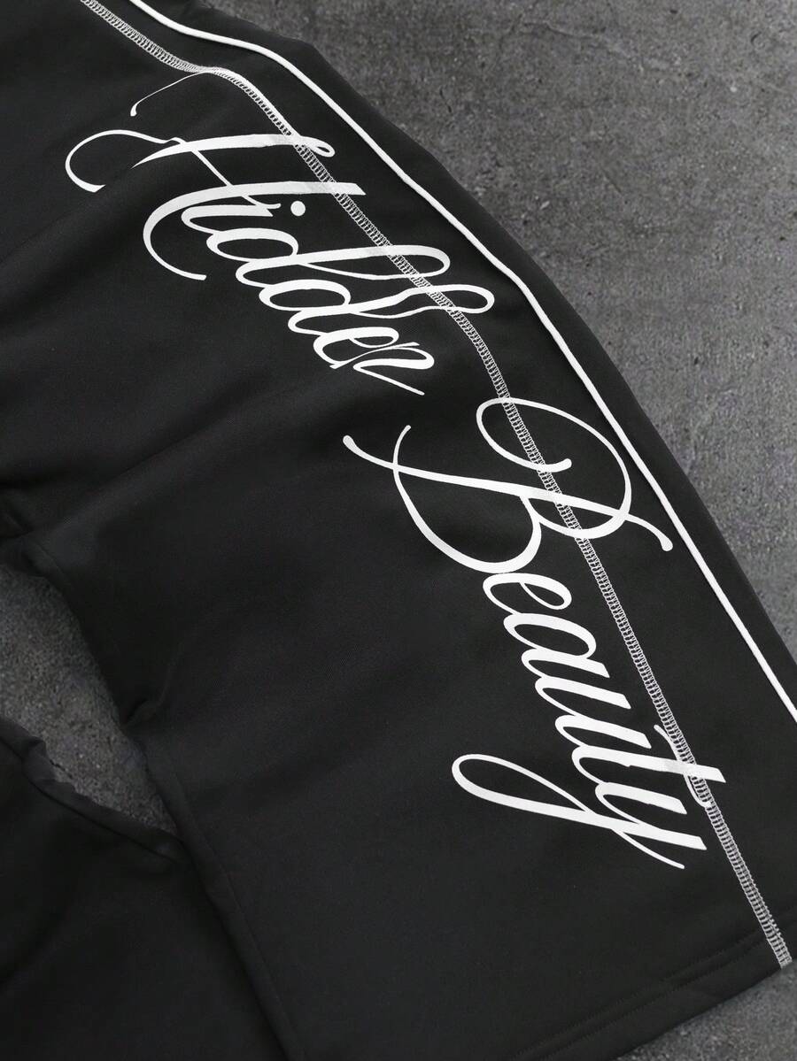 STYNVO Calça Masculina com Estampa de Letra, Cintura com Cordão e Bolso, Perna Larga