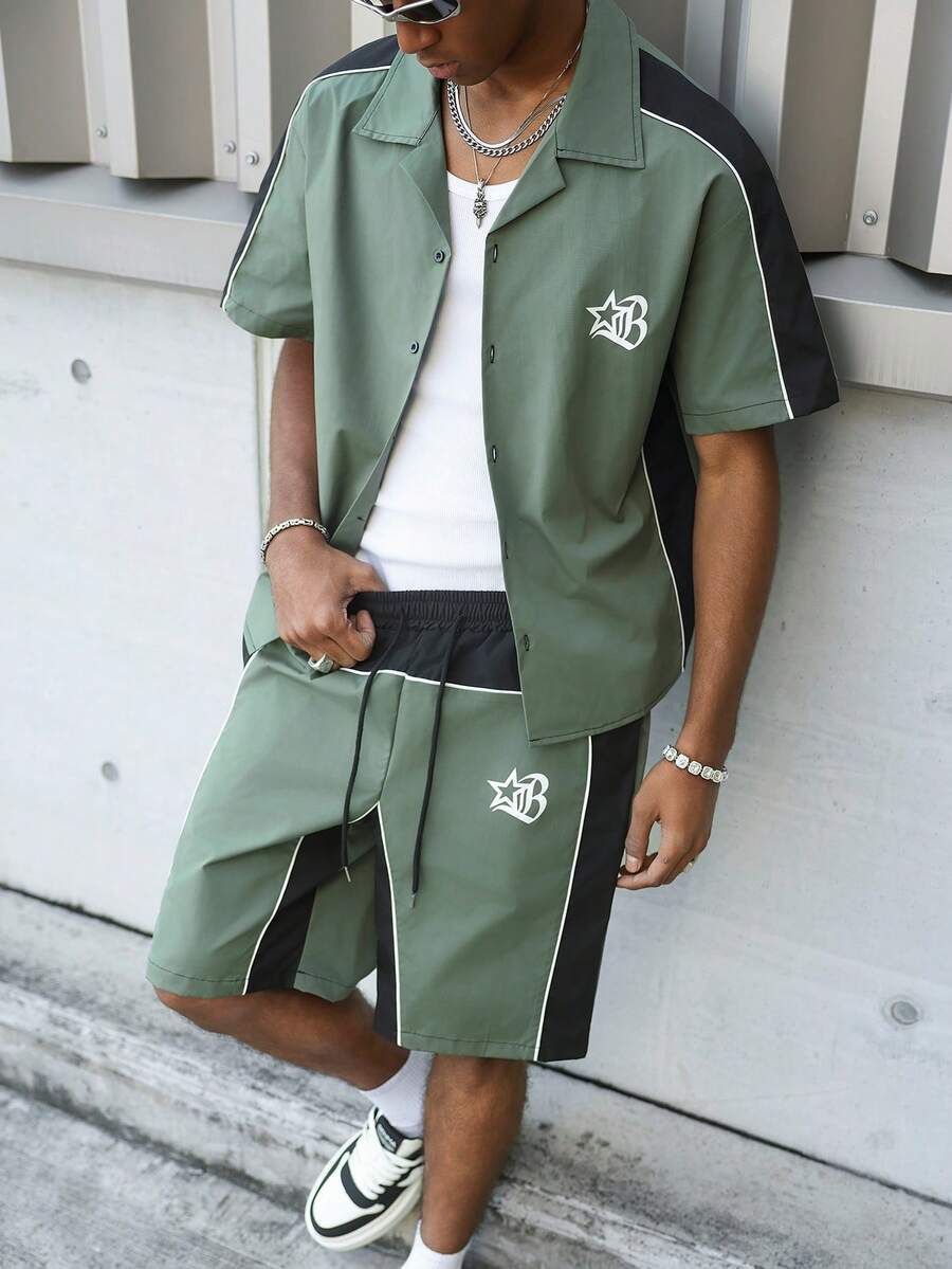 STYNVO 2 Peças/Conjunto Camisa de Manga Curta com Zíper Casual Masculina e Conjunto de Shorts com Cordão