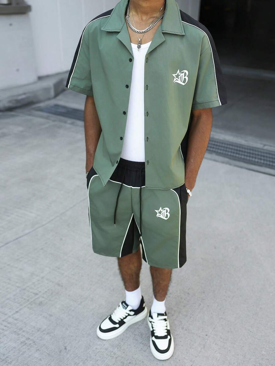 STYNVO 2 Peças/Conjunto Camisa de Manga Curta com Zíper Casual Masculina e Conjunto de Shorts com Cordão
