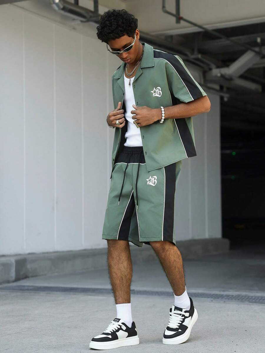 STYNVO 2 Peças/Conjunto Camisa de Manga Curta com Zíper Casual Masculina e Conjunto de Shorts com Cordão