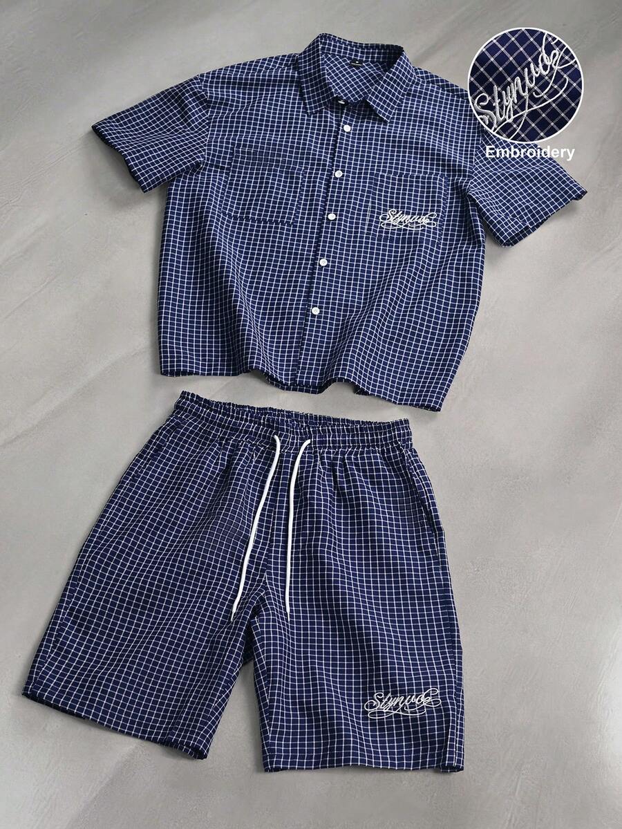 STYNVO 2 Peças/Conjunto Camisa de Manga Curta com Zíper Casual Masculina e Conjunto de Shorts com Cordão