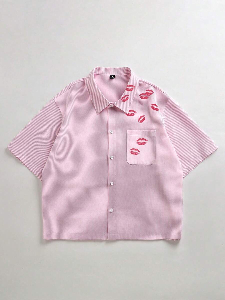 STYNVO Camisa Casual Masculina Listrada com Bordado de Letra, Verão