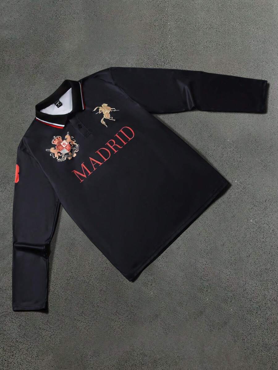 STYNVO Camisa Polo de Manga Longa com Gola Virada e Estampa de Letra, Casual, Primavera/Outono