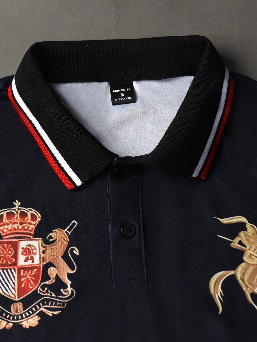 STYNVO Camisa Polo de Manga Longa com Gola Virada e Estampa de Letra, Casual, Primavera/Outono