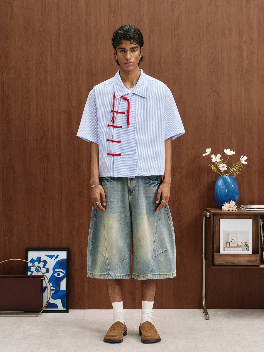 STYNVO Camisa Casual Masculina Listrada com Bordado de Letra, Verão