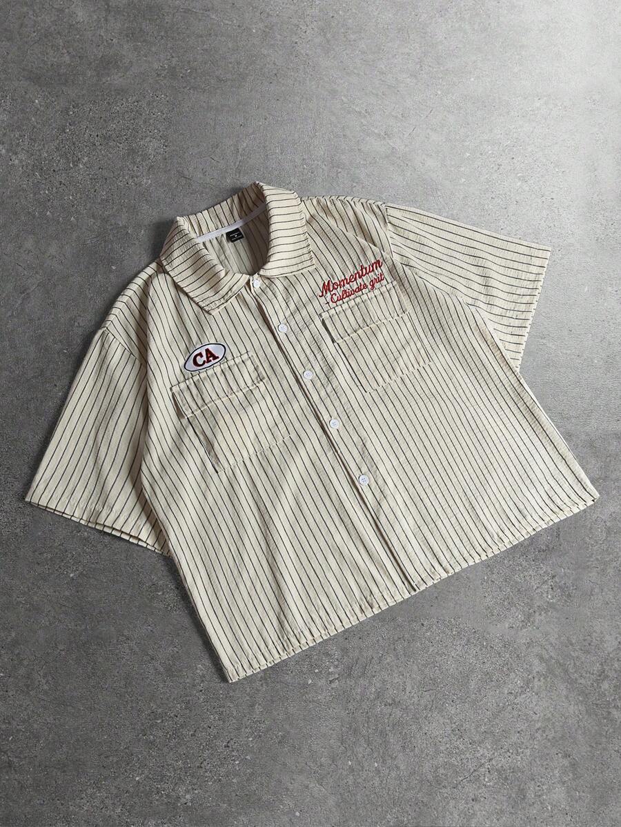 STYNVO Camisa Casual Masculina Listrada com Bordado de Letra, Verão