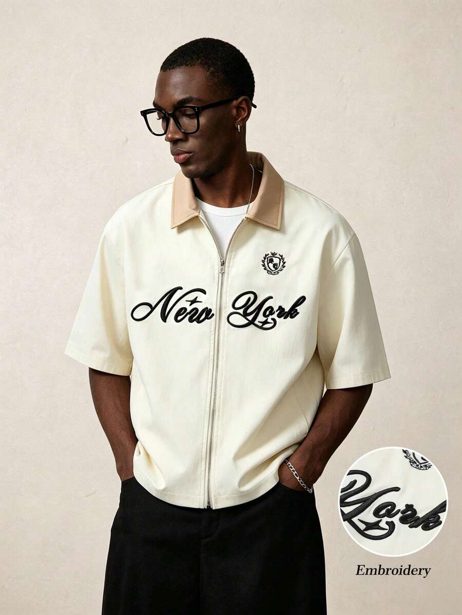 STYNVO Camisa Casual Masculina Listrada com Bordado de Letra, Verão