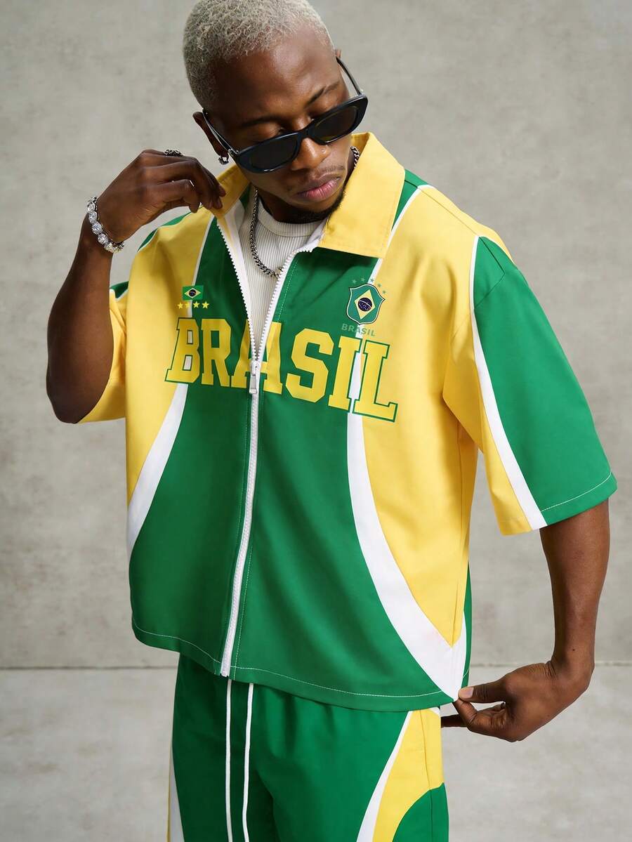 STYNVO 2 Peças/Conjunto Camisa de Manga Curta com Zíper Casual Masculina e Conjunto de Shorts com Cordão