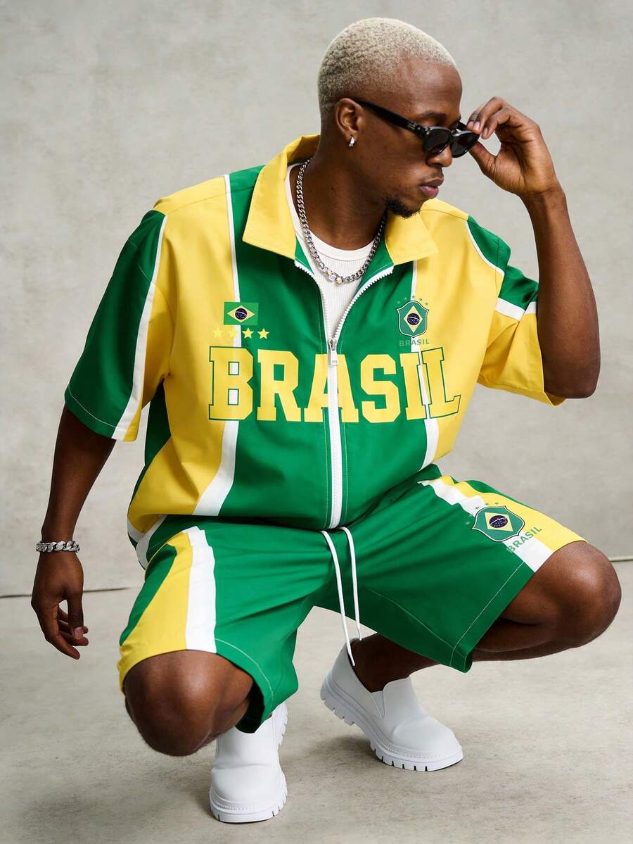 STYNVO 2 Peças/Conjunto Camisa de Manga Curta com Zíper Casual Masculina e Conjunto de Shorts com Cordão