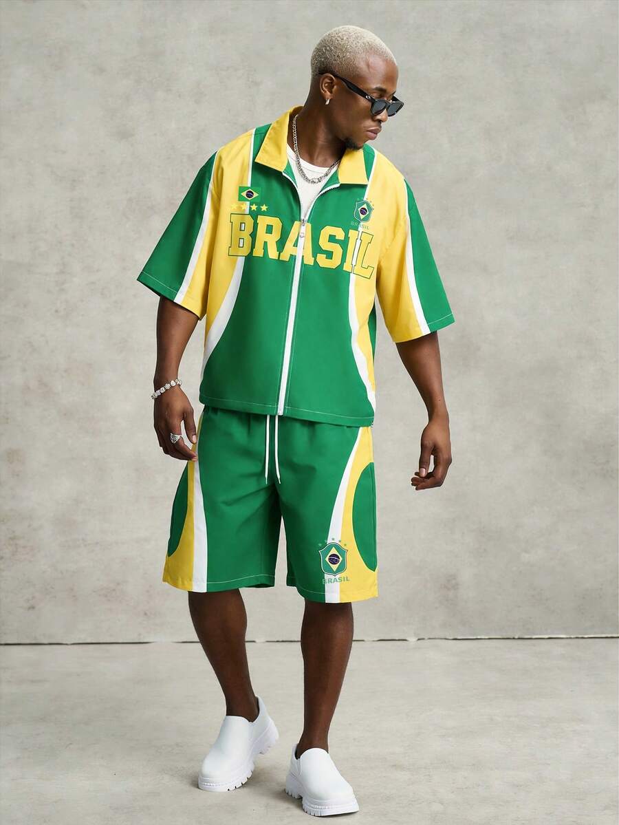 STYNVO 2 Peças/Conjunto Camisa de Manga Curta com Zíper Casual Masculina e Conjunto de Shorts com Cordão