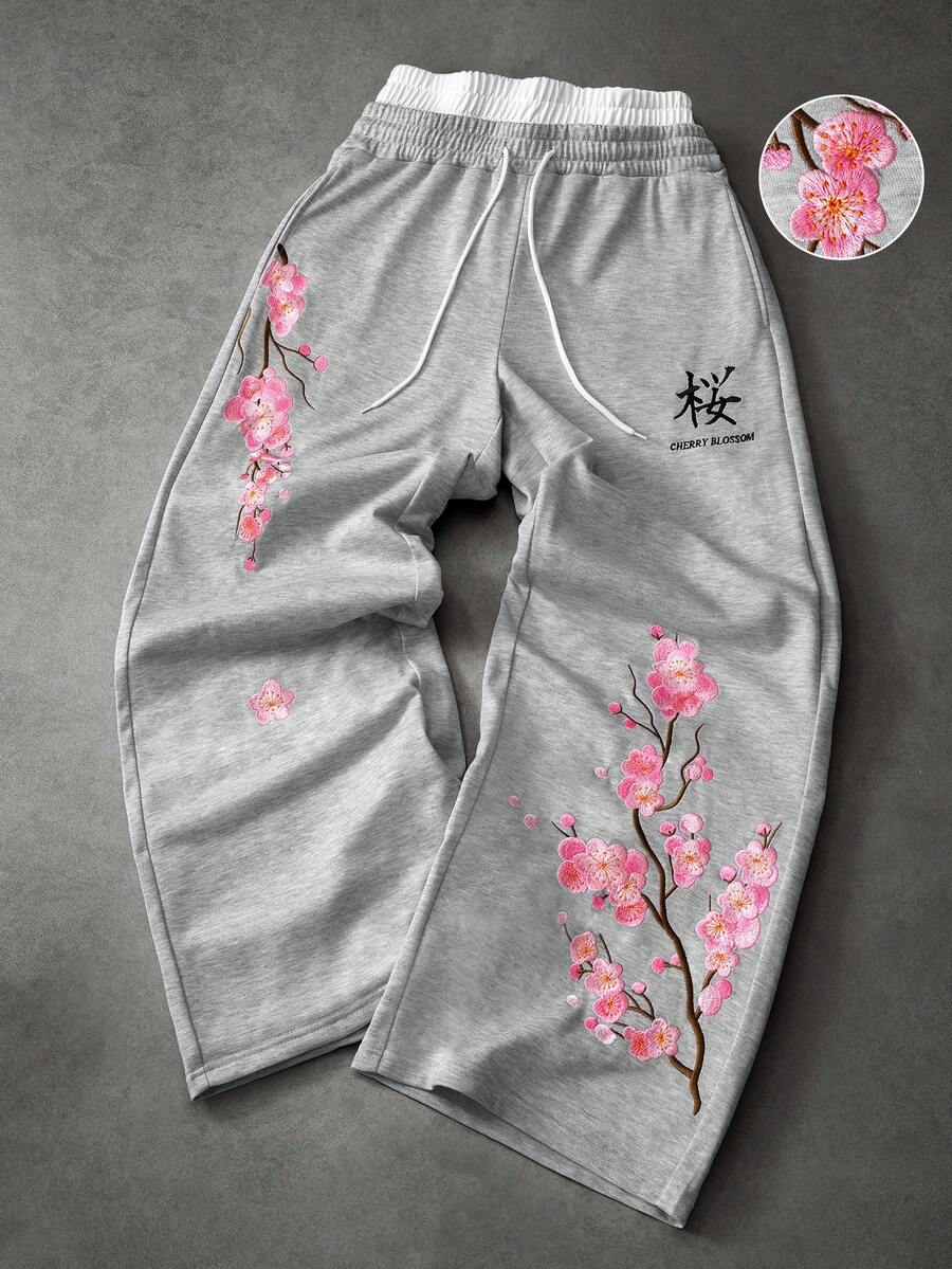 STYNVO Calça Masculina com Estampa de Letra, Cintura com Cordão e Bolso, Perna Larga
