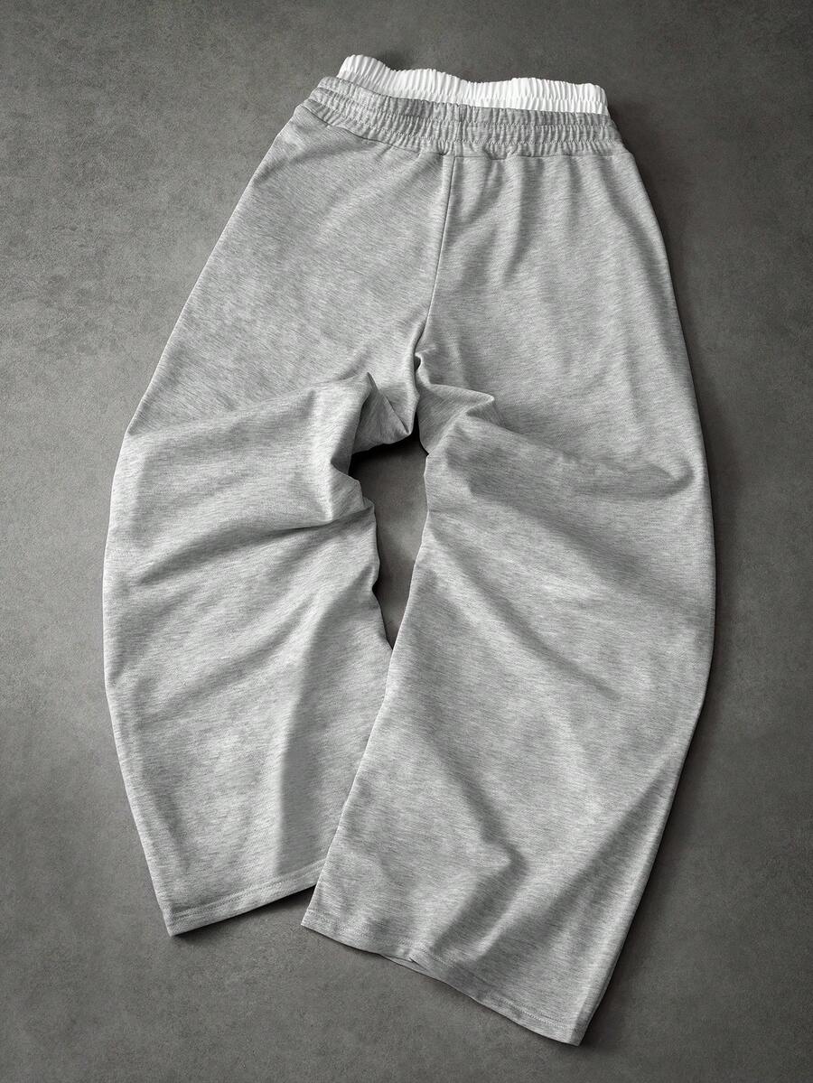 STYNVO Calça Masculina com Estampa de Letra, Cintura com Cordão e Bolso, Perna Larga