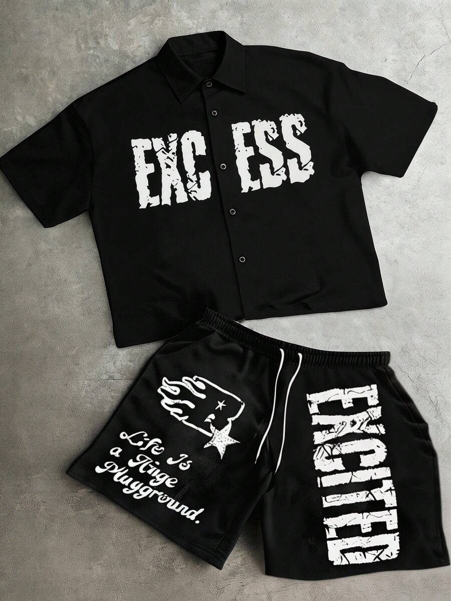 STYNVO 2 Peças/Conjunto Camisa de Manga Curta com Zíper Casual Masculina e Conjunto de Shorts com Cordão