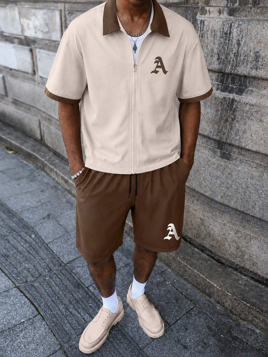 STYNVO 2 Peças/Conjunto Camisa de Manga Curta com Zíper Casual Masculina e Conjunto de Shorts com Cordão