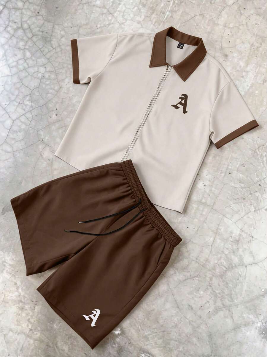 STYNVO 2 Peças/Conjunto Camisa de Manga Curta com Zíper Casual Masculina e Conjunto de Shorts com Cordão