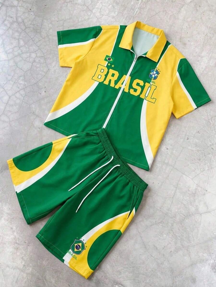 STYNVO 2 Peças/Conjunto Camisa de Manga Curta com Zíper Casual Masculina e Conjunto de Shorts com Cordão