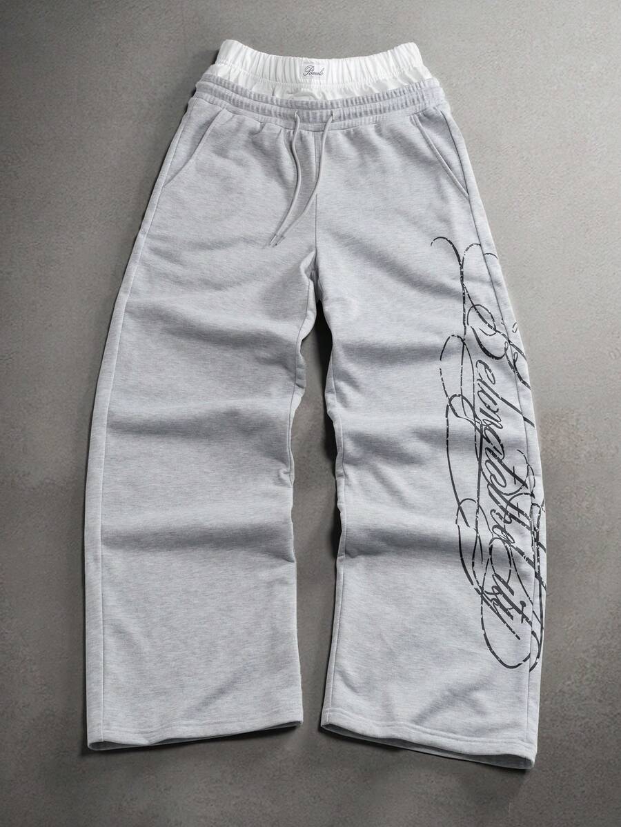 STYNVO Calça Masculina com Estampa de Letra, Cintura com Cordão e Bolso, Perna Larga