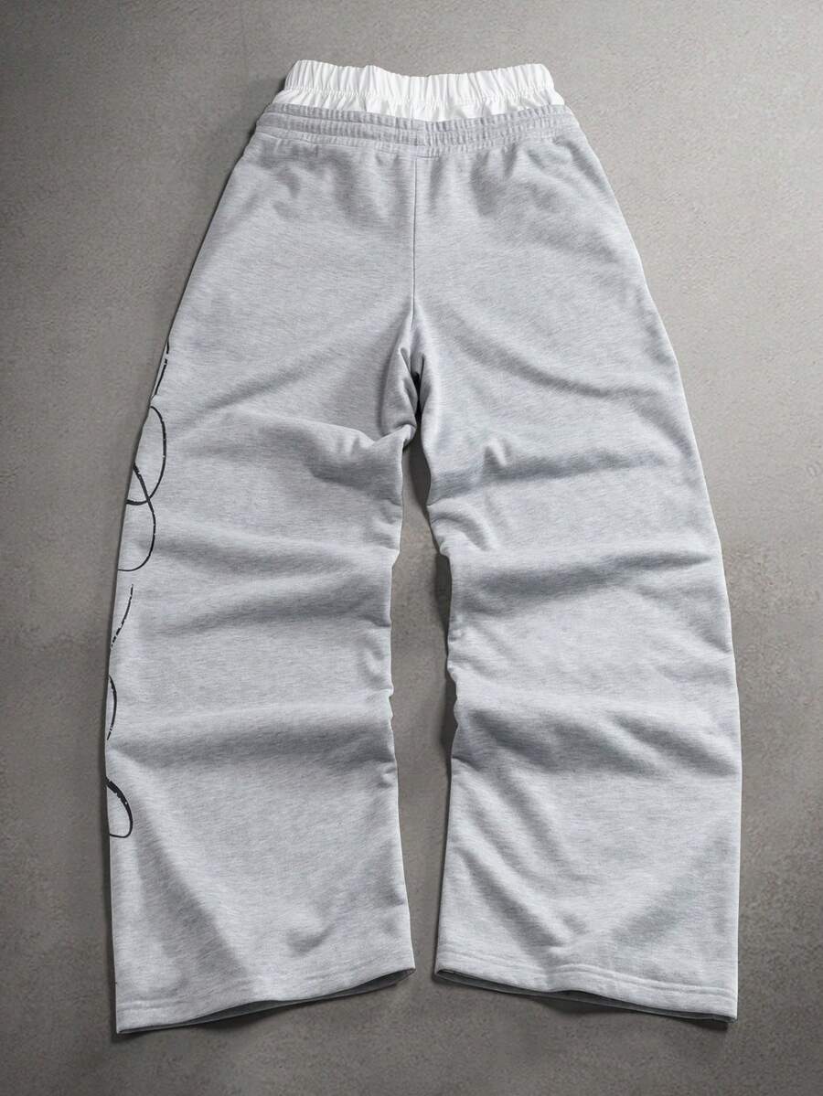 STYNVO Calça Masculina com Estampa de Letra, Cintura com Cordão e Bolso, Perna Larga