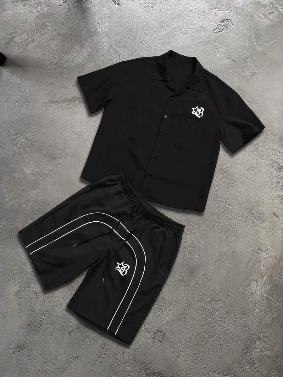 STYNVO 2 Peças/Conjunto Camisa de Manga Curta com Zíper Casual Masculina e Conjunto de Shorts com Cordão