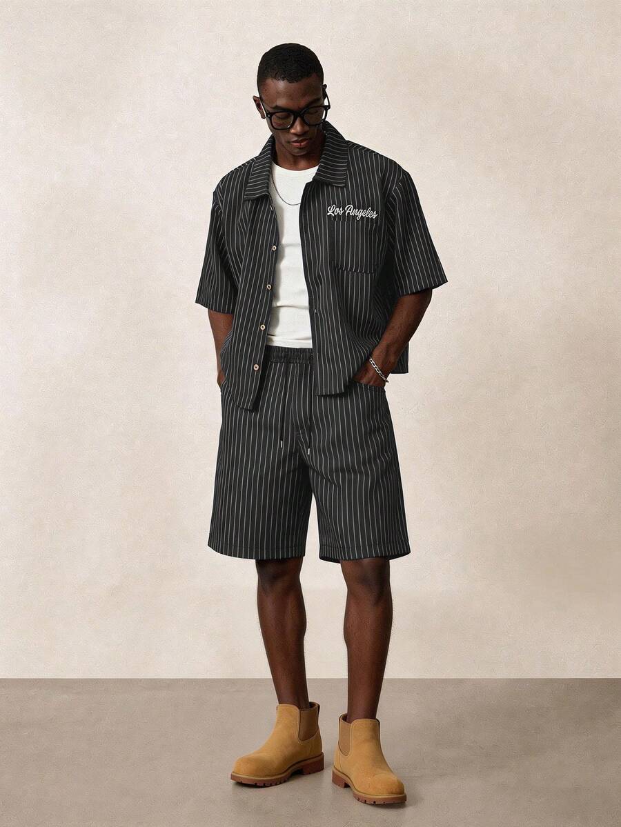 STYNVO Camisa de Manga Curta com Estampa de Listras e Letras e Shorts Casuais para Uso Diário