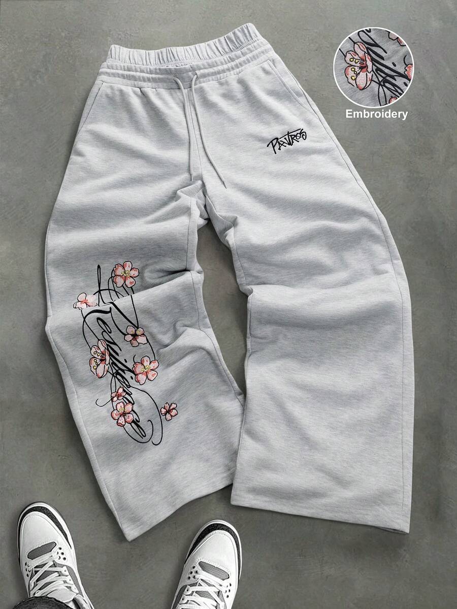 STYNVO Calça Masculina com Estampa de Letra, Cintura com Cordão e Bolso, Perna Larga