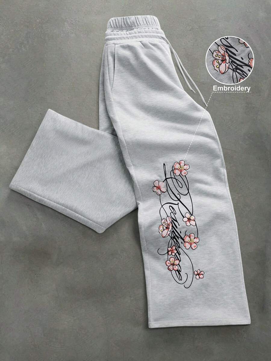 STYNVO Calça Masculina com Estampa de Letra, Cintura com Cordão e Bolso, Perna Larga