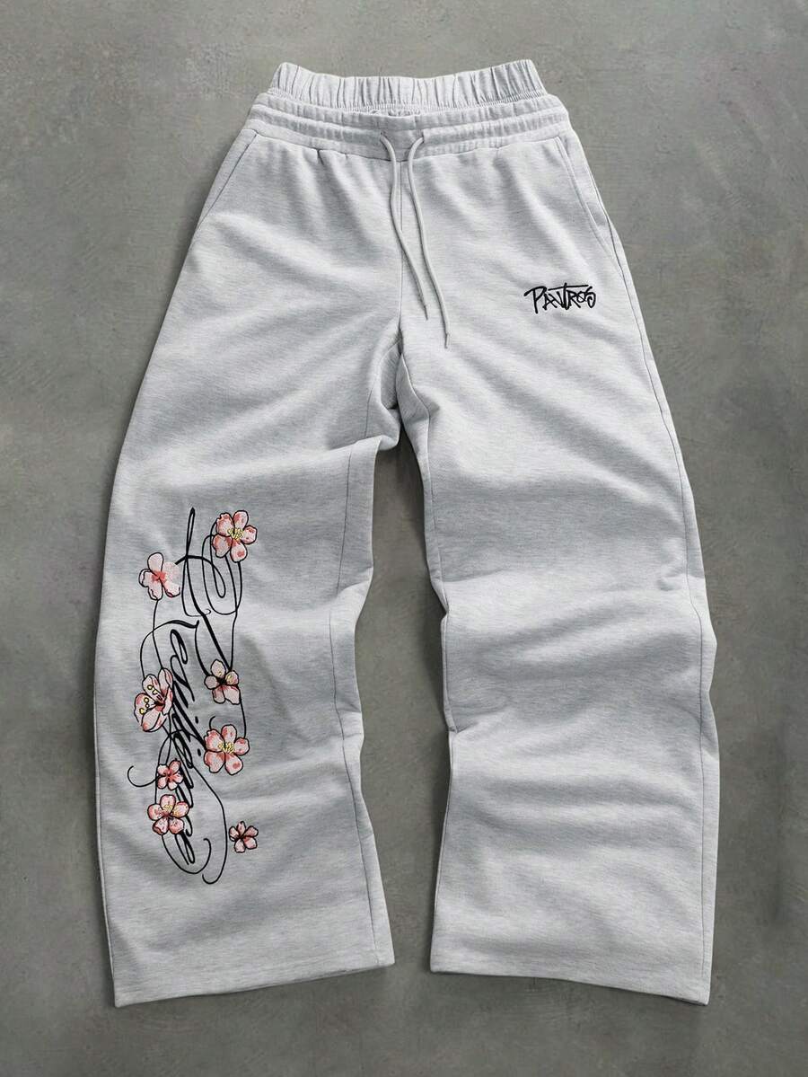 STYNVO Calça Masculina com Estampa de Letra, Cintura com Cordão e Bolso, Perna Larga