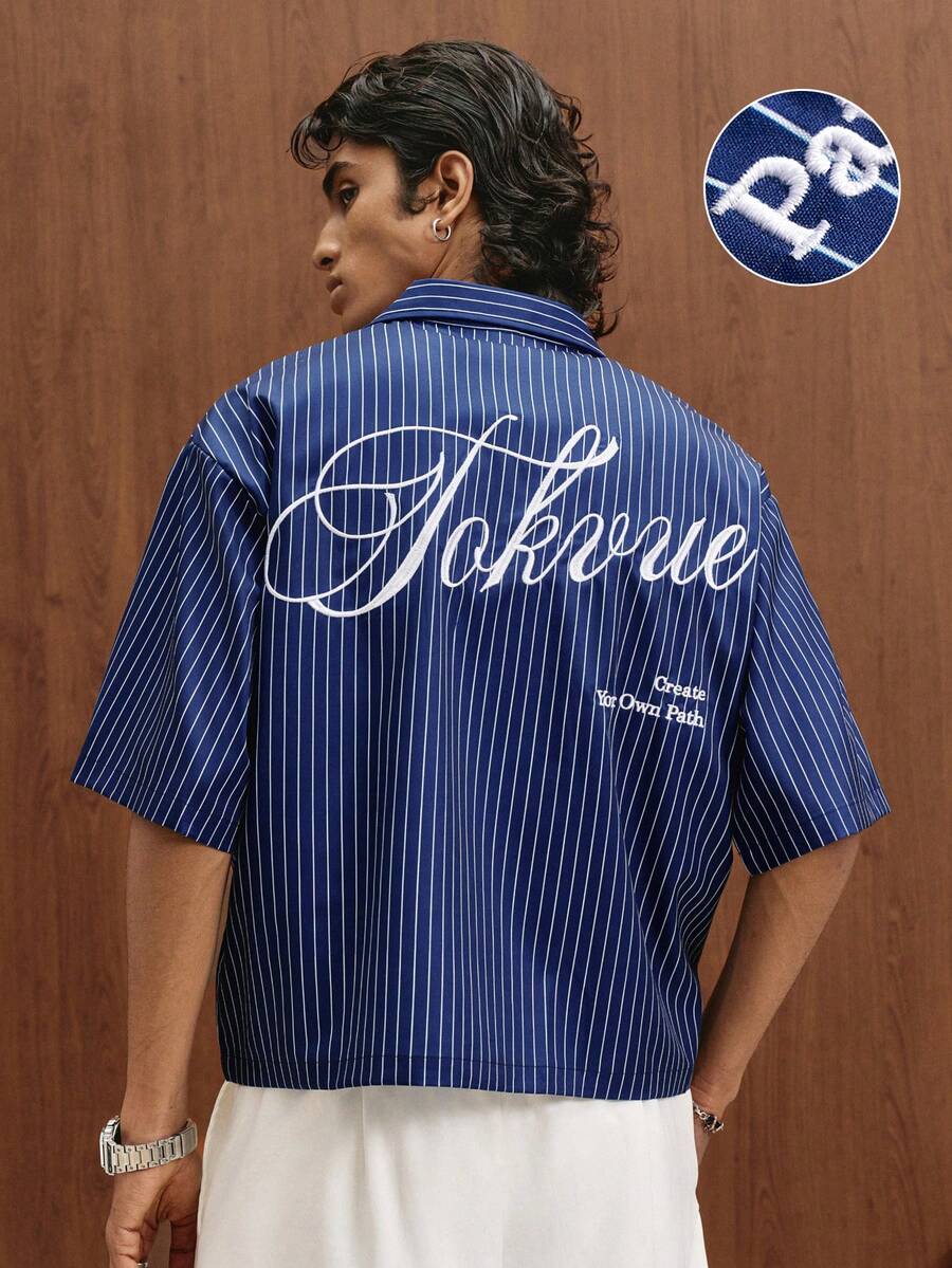 STYNVO Camisa Casual Masculina Listrada com Bordado de Letra, Verão