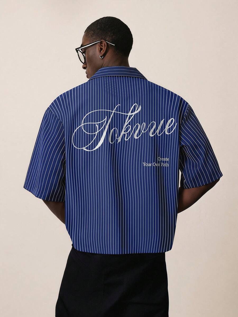 STYNVO Camisa Casual Masculina Listrada com Bordado de Letra, Verão