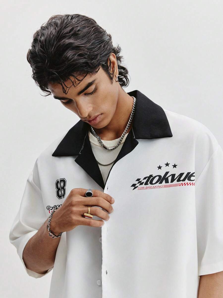 STYNVO Camisa Casual Masculina Listrada com Bordado de Letra, Verão