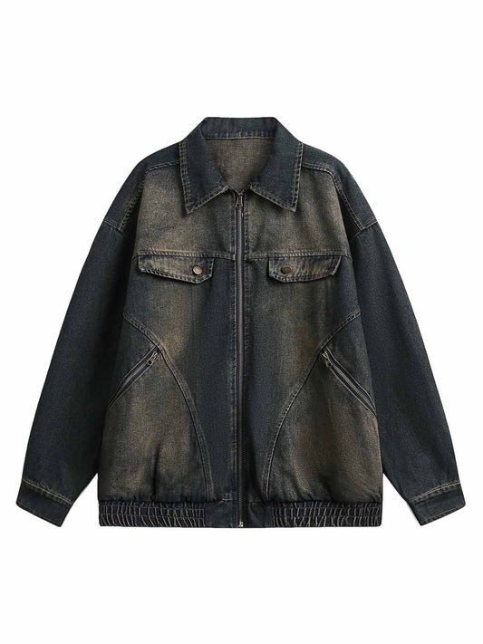 Jaqueta Washed Distressed Multi-Pocket Denim