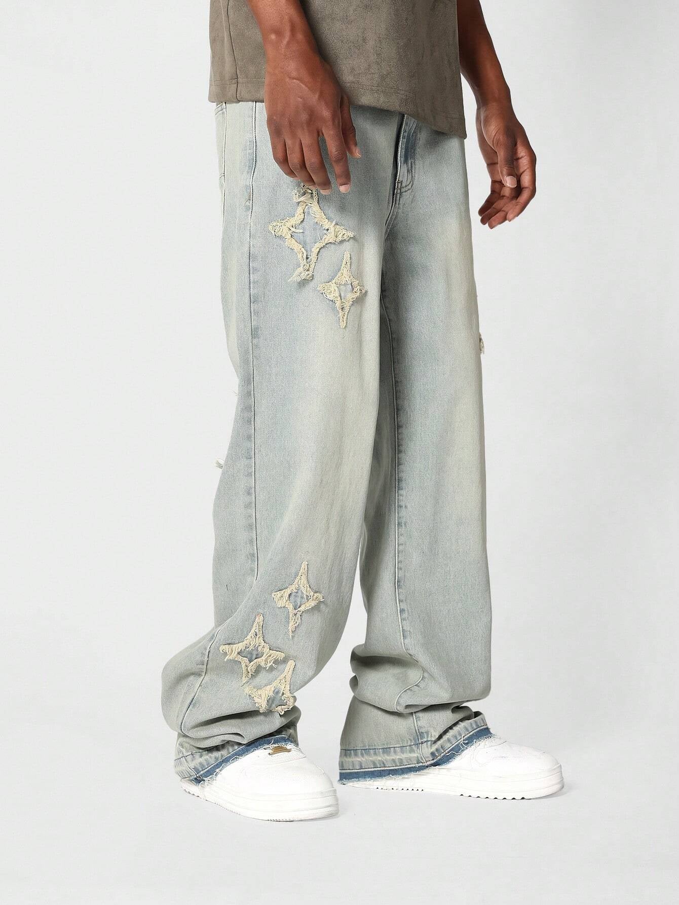Calça Denim Solto com Aplicação Stars