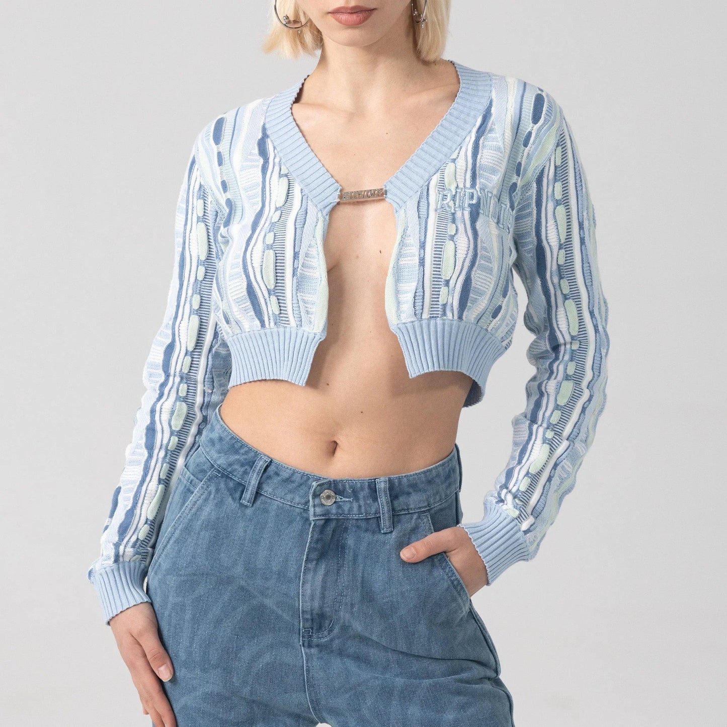 Corded Knit Cropped Long Sleeve (Light Blue) - Camiseta