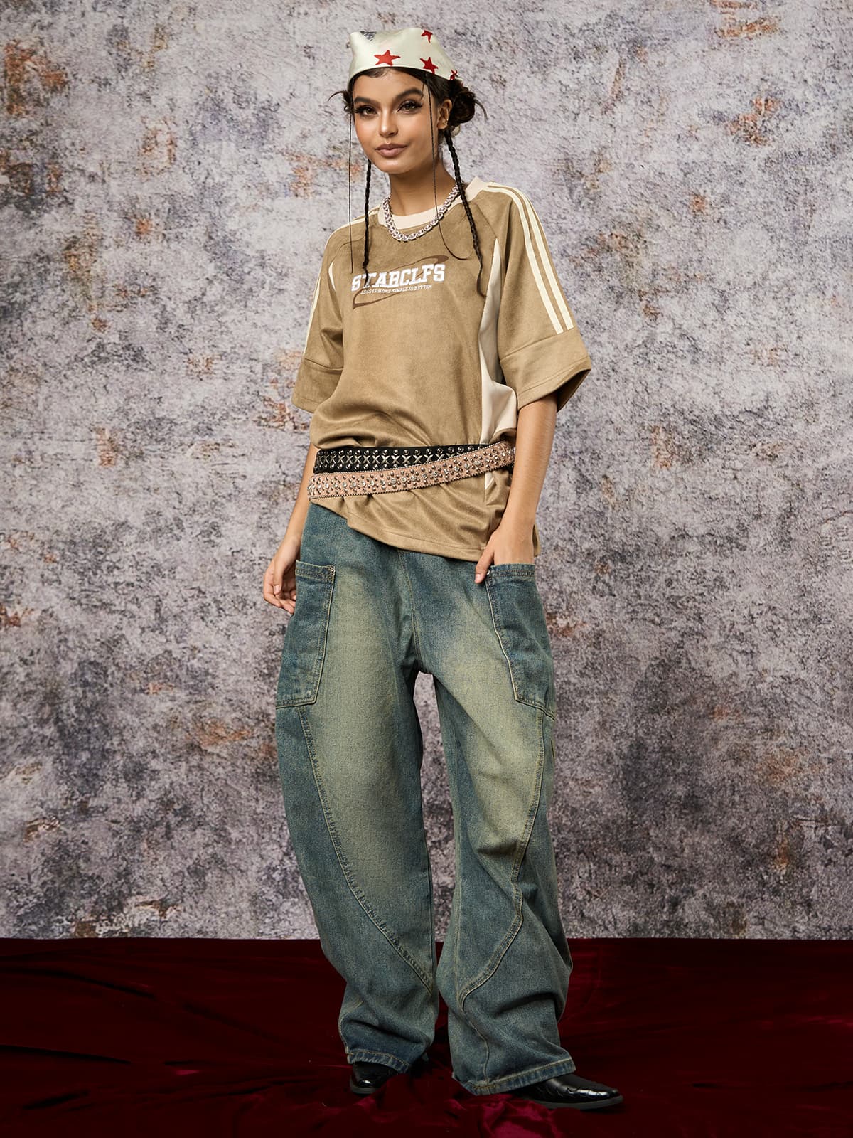 Camiseta Suede Contrast Spliced Oversize