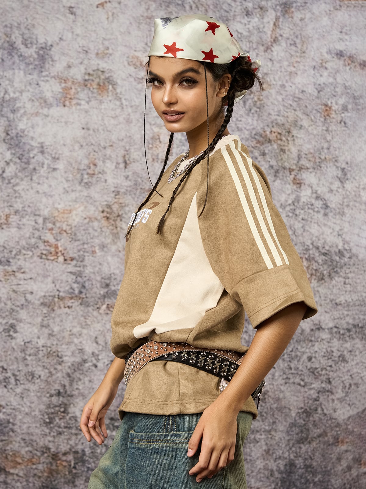 Camiseta Suede Contrast Spliced Oversize