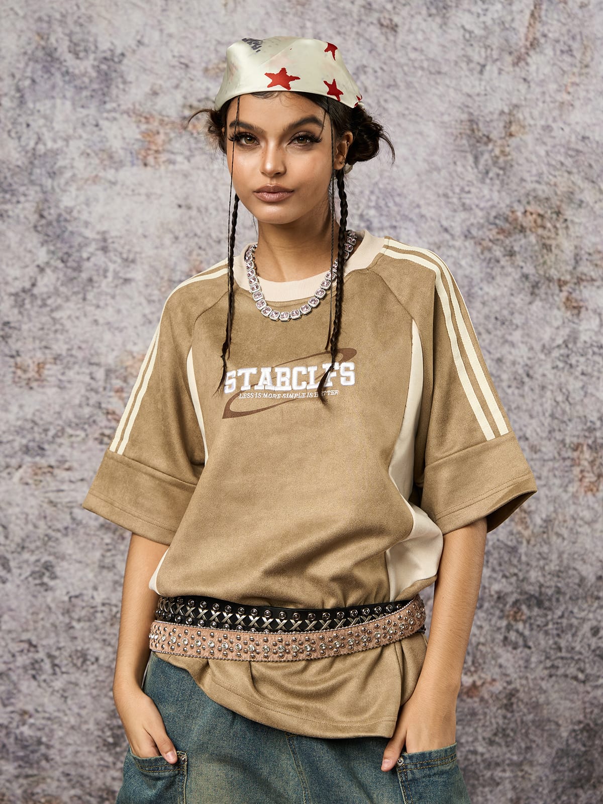 Camiseta Suede Contrast Spliced Oversize
